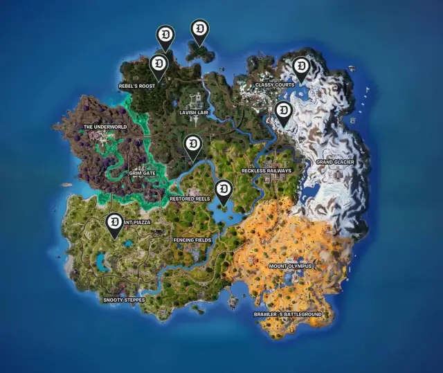 Fortnite in-game map showing the locations of campfires in Chapter 5, season 2.