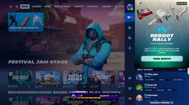 Fortnite's Friends tab showcasing Reboot Relay option to invite players