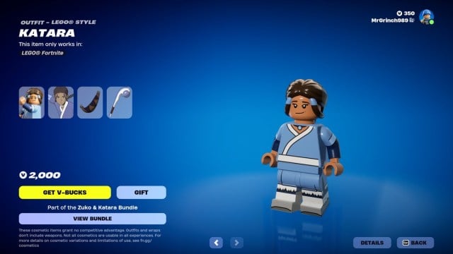 Katara in Lego Fortnite along with all her accessories