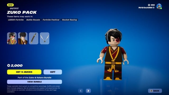 Lego Fortnite Zuko avatar with accessories