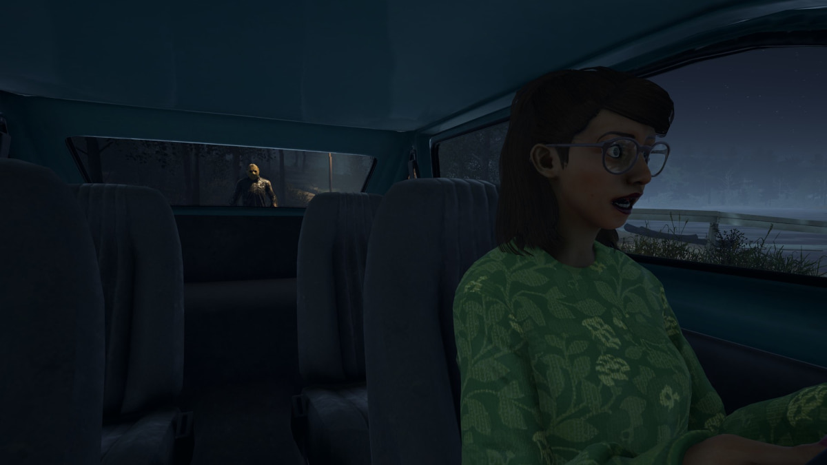 A player in Friday the 13th driving away from Jason.