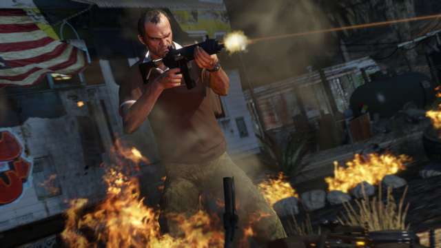 Trevor Phillips in GTA 5 firing a gun.