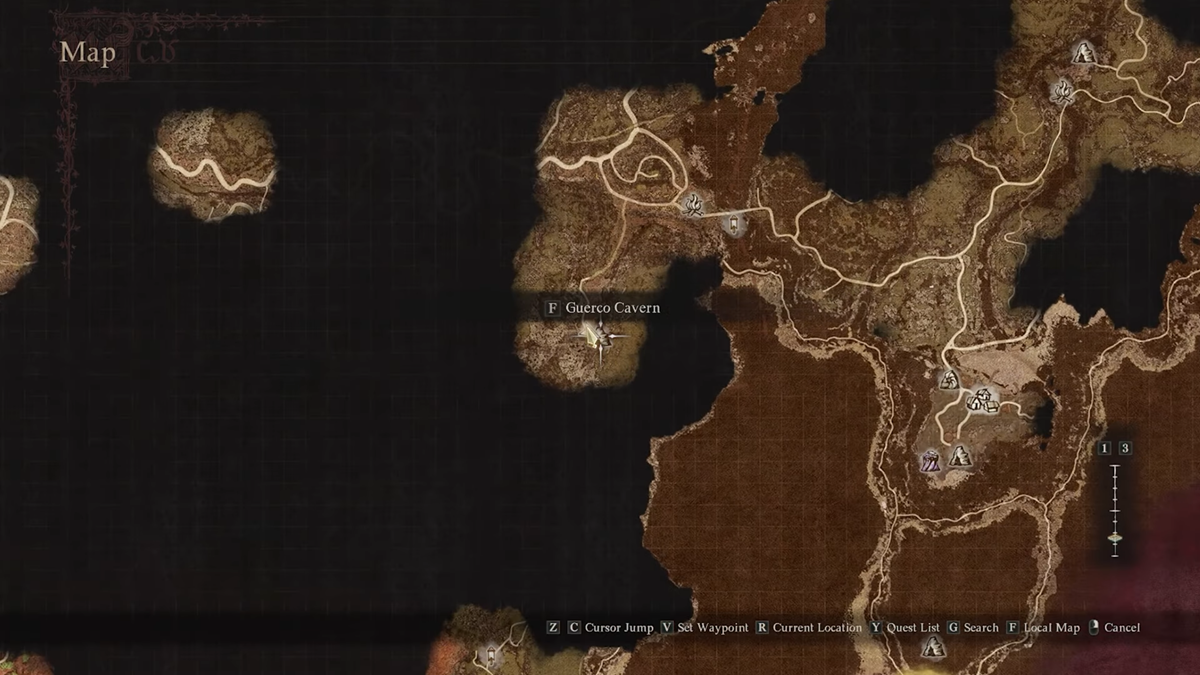 The location of Guerco Cavern on the map in Dragon's Dogma 2.