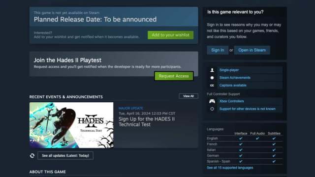 Hades II Tech Test Sign Up on Steam.