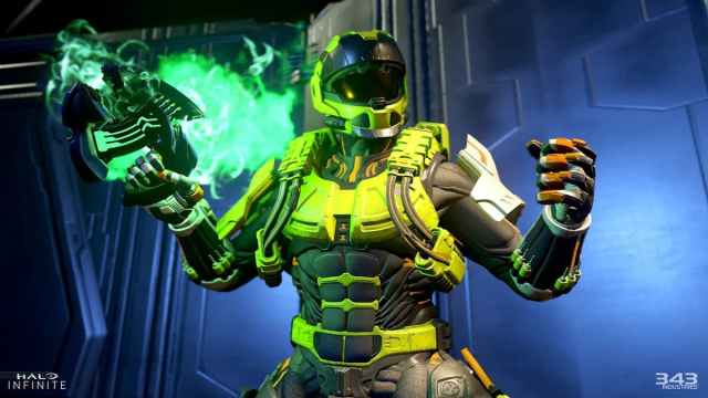A Halo soldier in a neon green/yellow armor suit.