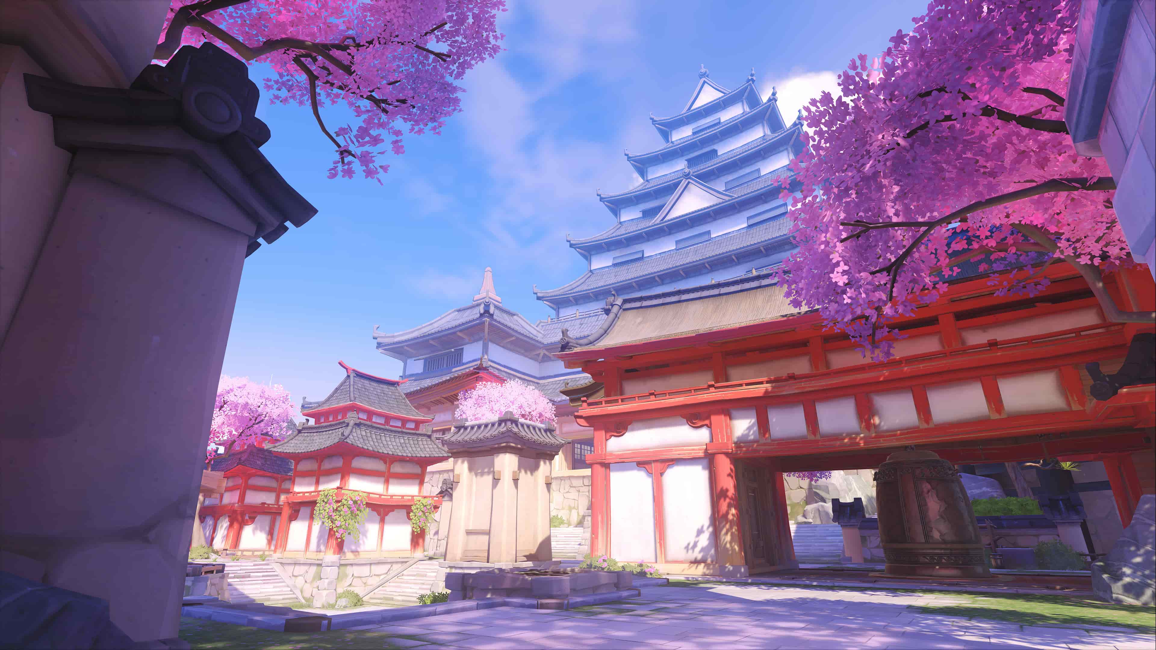 Hanaoka in Overwatch 2, a Japanese locale featuring old buildings and cherry blossoms.