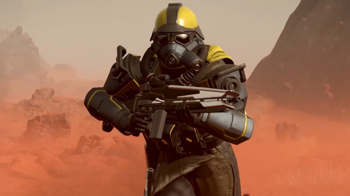 A Hell Diver wearing the CE-27 Ground Breaker Armor sprints towards the camera in Helldivers 2.