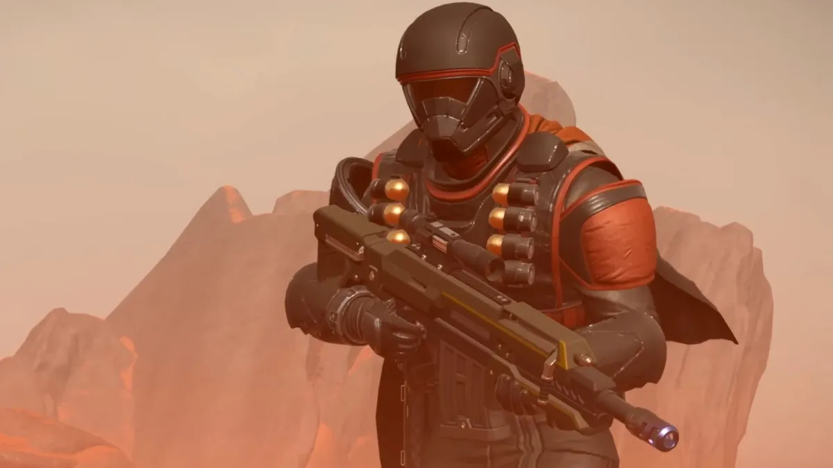 A Hell Diver in Helldivers 2 wearing armor from the Democratic Detonation Warbond in the trailer.