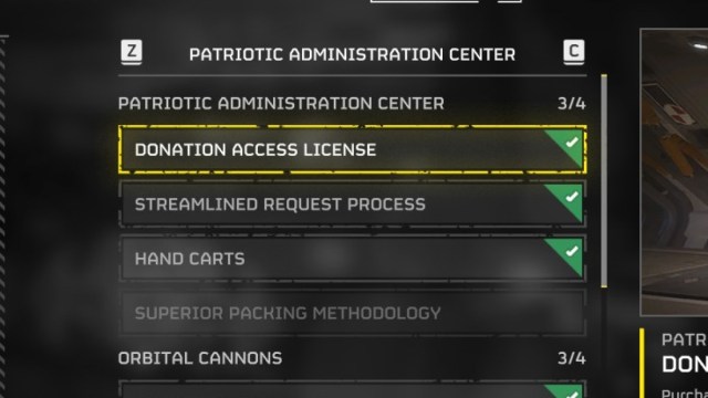 The Patriotic Administration Center Ship Module upgrades in Helldivers 2.