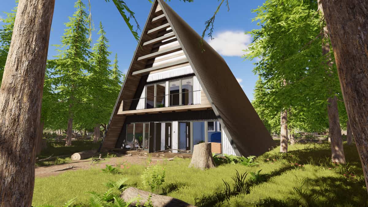 A triangle home in House Flipper 2 in the woods.