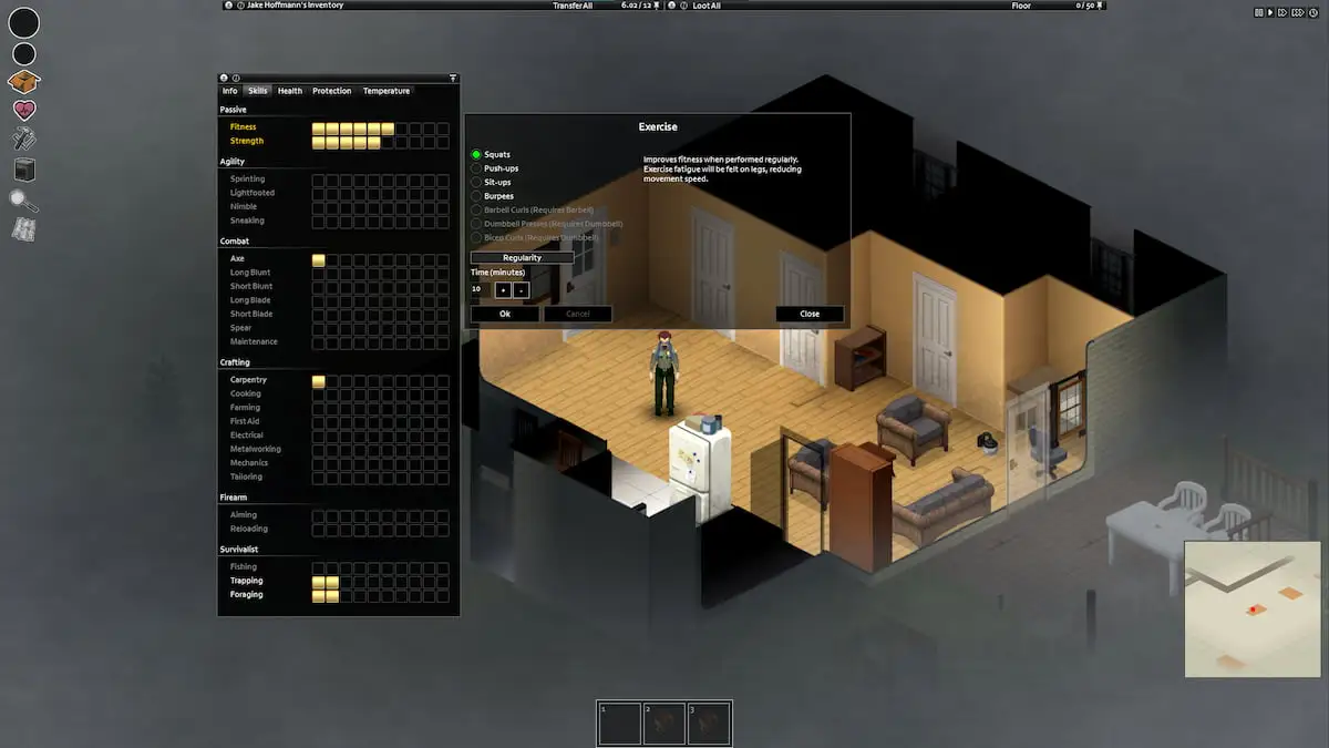 Exercise Regularity screen and information in Project Zomboid