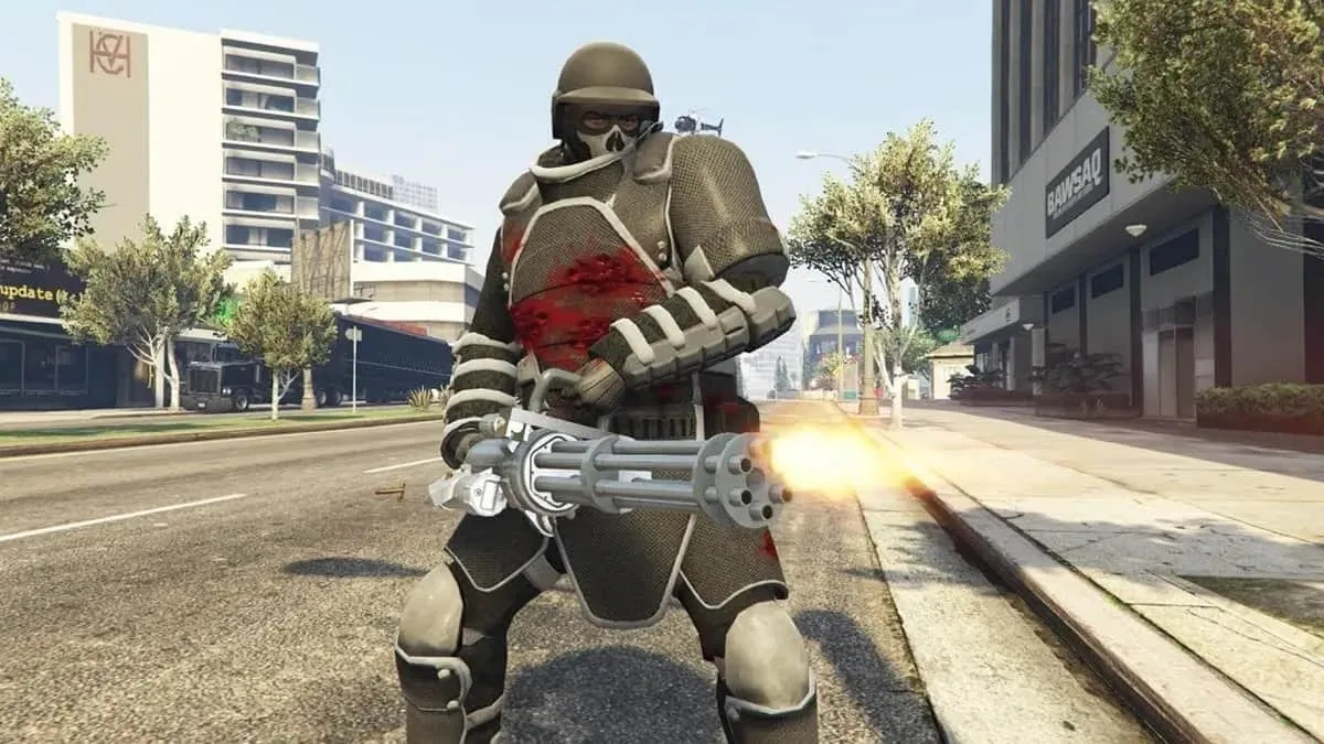 A character in GTA firing a machine gun