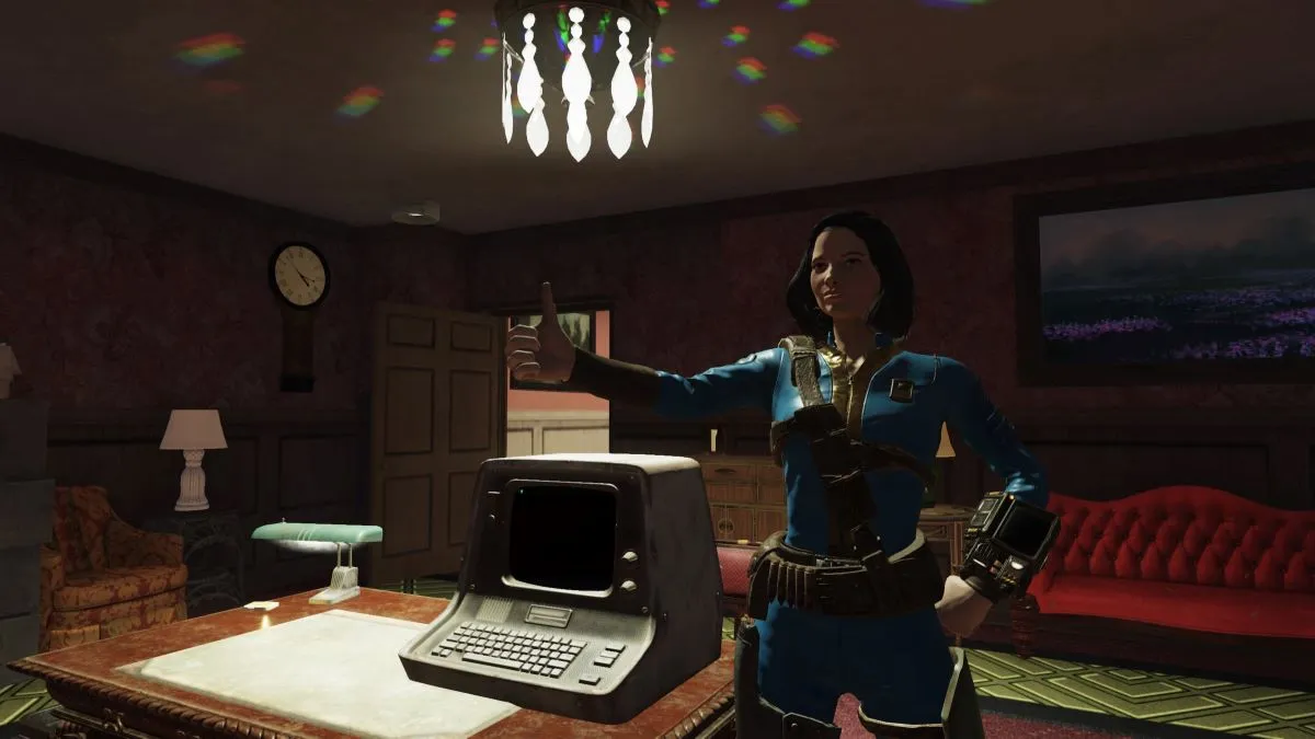 Image of the player character in a vault jumpsuit within Fallout 76. The character has her thumbs up in a pose standing next to a Terminal in a chandelier lit wooden room with a red couch at the back wall.