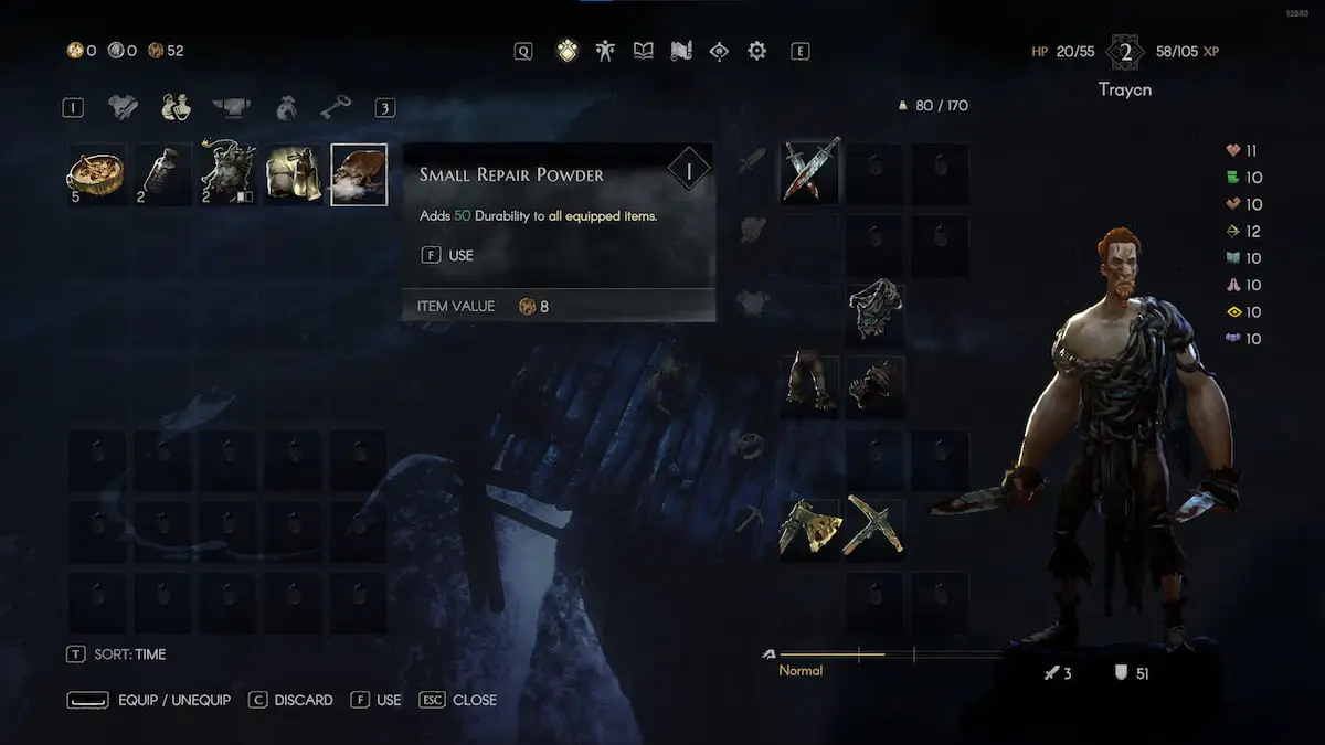 The inventory screen in No Rest for the Wicked, featuring a Small Repair Powder.