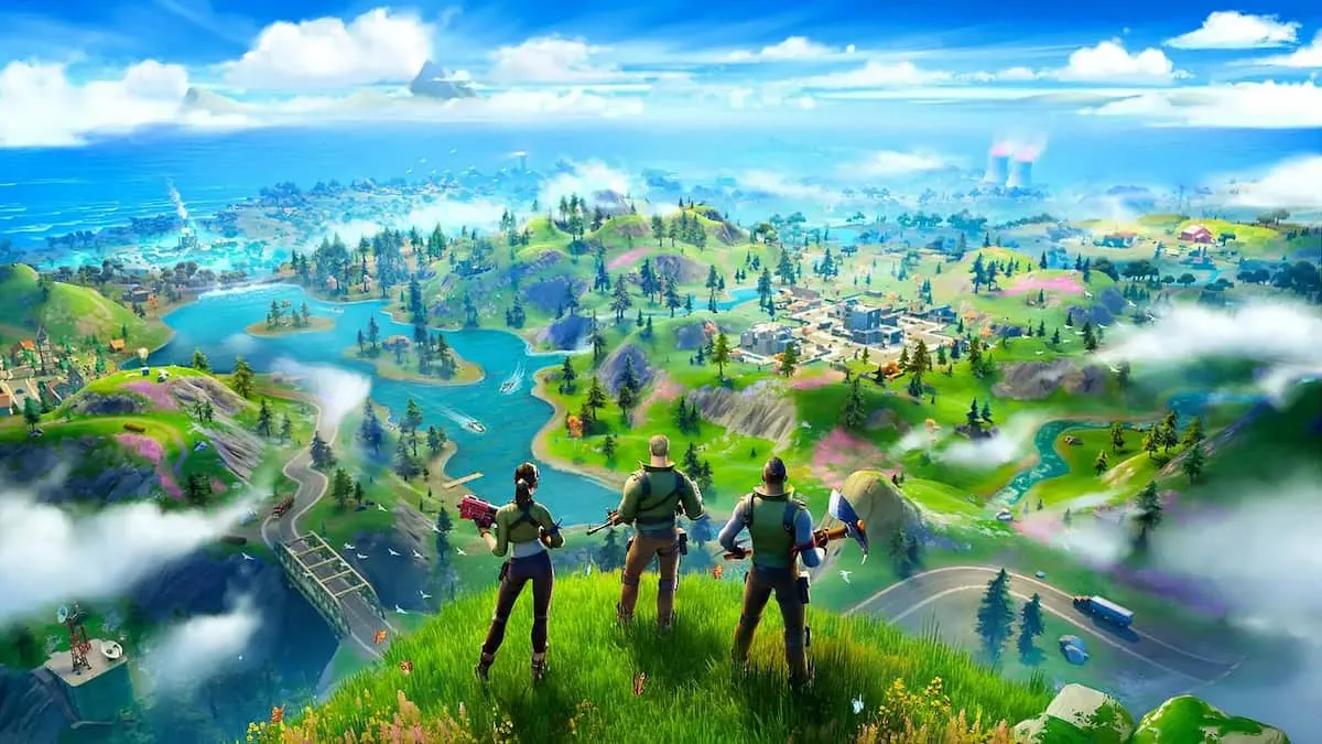 Three players holding weapons and looking over the island in Fortnite