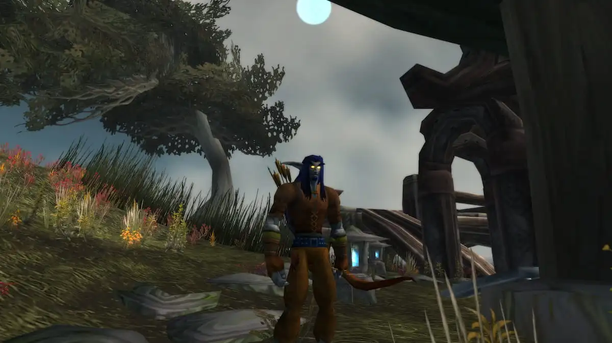 A Hunter standing in Darkshore in WoW Classic.