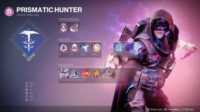 The ability menu for a Prismatic Hunter shows multiple abilities from different subclasses.