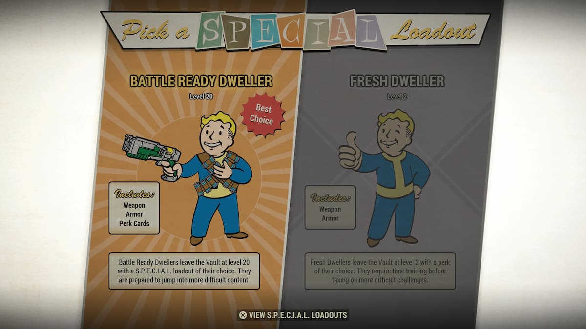 An in game image of the choice between Fresh Dweller and Battle Ready Dweller in Fallout 76