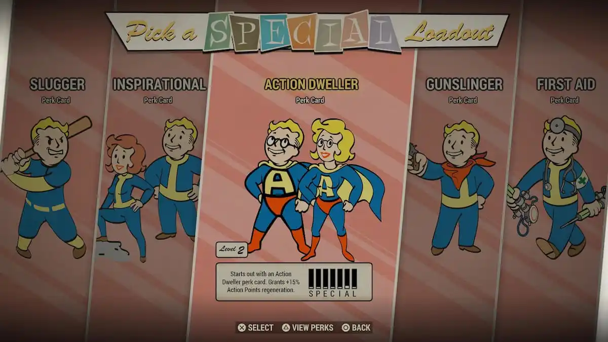 An in game screenshot of the Fresh Dweller perk cards from Fallout 76