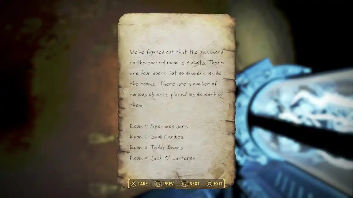 An in game image of the passcode note from Fallout 4