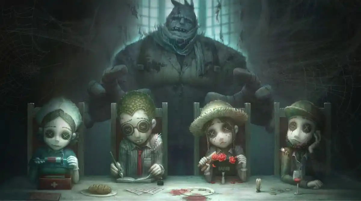 A promotional image of Survivors and a Hunter from Identity V.