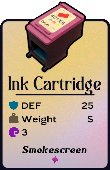 An ink cartridge, with a pink top and black bottom.
