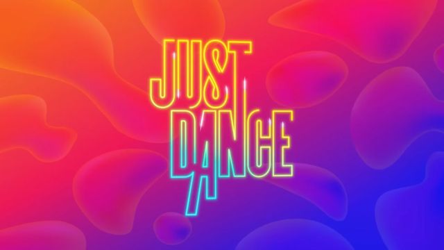 Image with "Just Dance" shown on a heavily colored background. There is a red to blue gradient in a diagonal fashion and the title card itself is transparent with neon-like lighting on show.