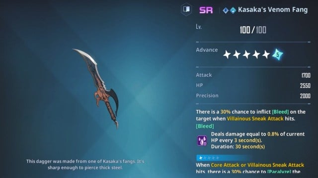Kasaka's Venom Fang weapon page in Solo Leveling Arise