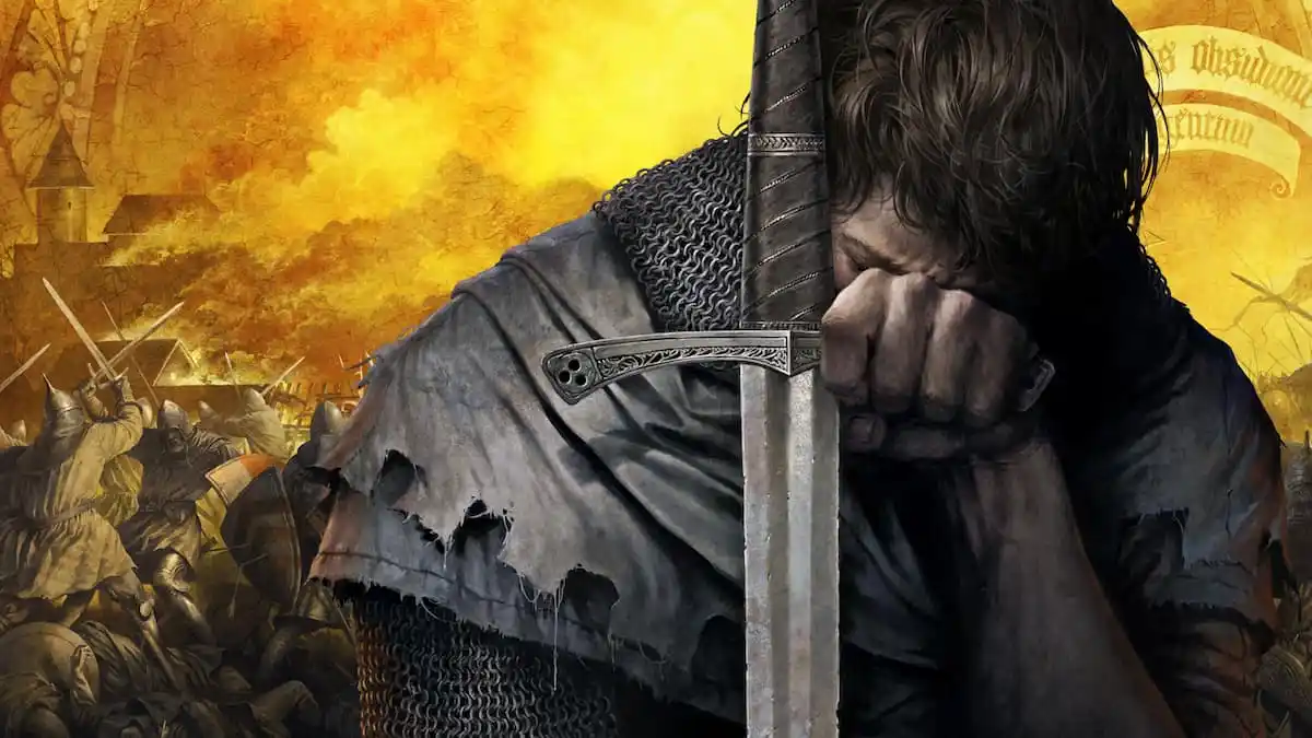 Kingdom Come Deliverance poster, with man kneeling next to a sword.