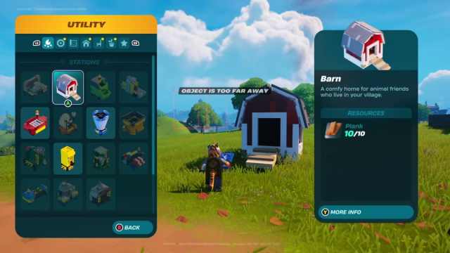 A player in LEGO Fortnite looking at the build menu with a Barn selected.