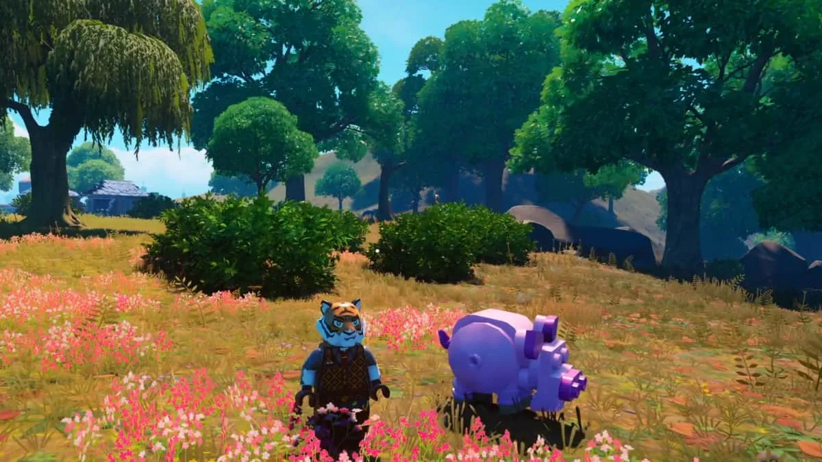A player in LEGO Fortnite standing alongside a pig.