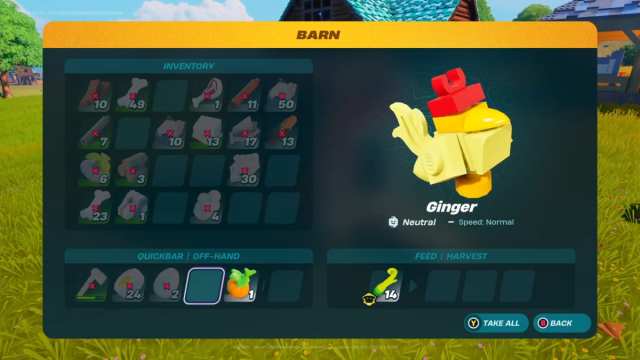 A chicken assigned to a barn in LEGO Fortnite.