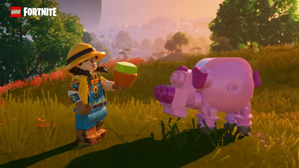 A Villager feeding a Pig in LEGO Fortnite.