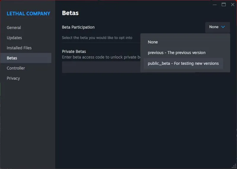 Beta tab on Steam for Lethal Company