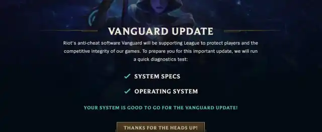 In-game screenshot of the Vanguard message in League of Legends.