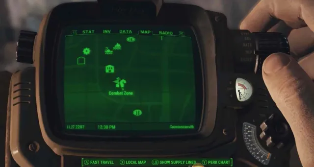 The marker on the Pip-Boy showing the location of the Combat Zone in Fallout 4