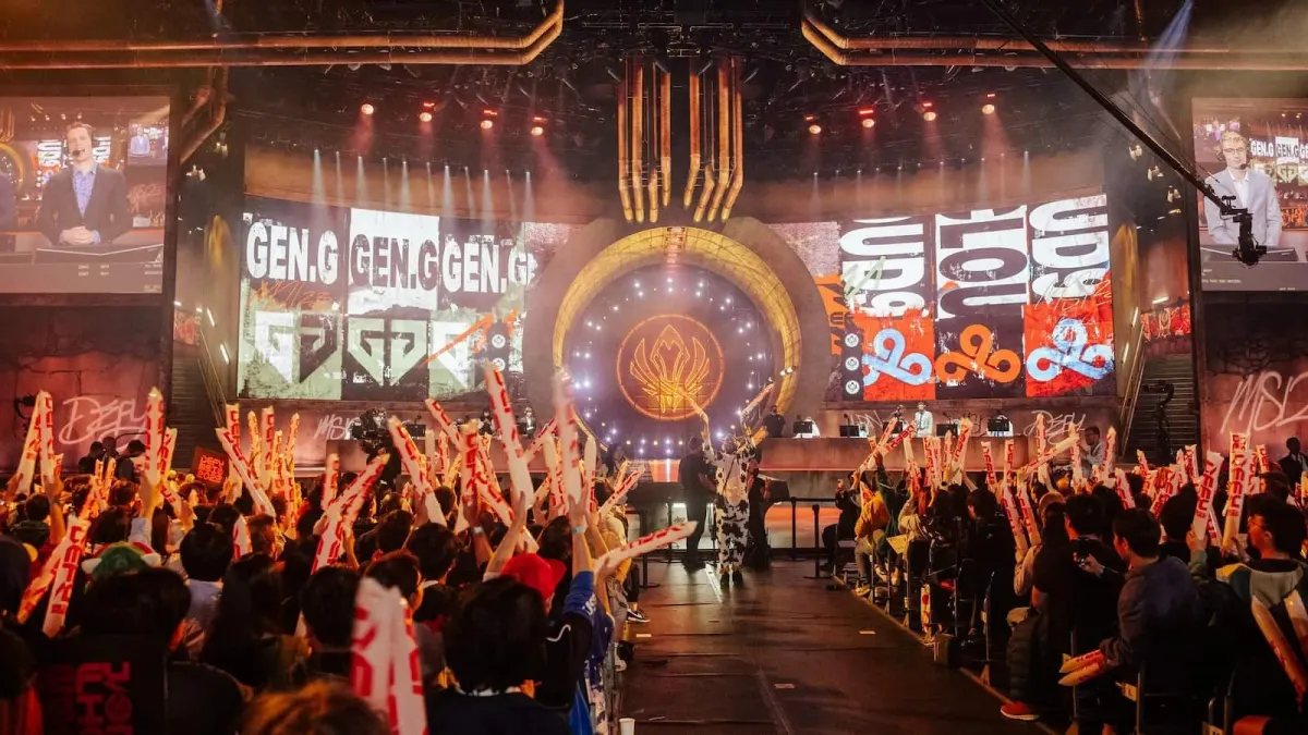 MSI 2023 stage with Cloud9 and Gen.G players taking their places.