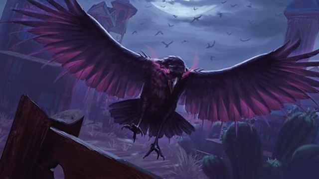 Raven flying over deserted town