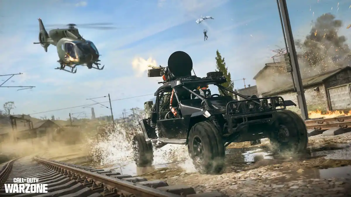 Vehicle driving in Warzone, with a chopper in the air behind it.