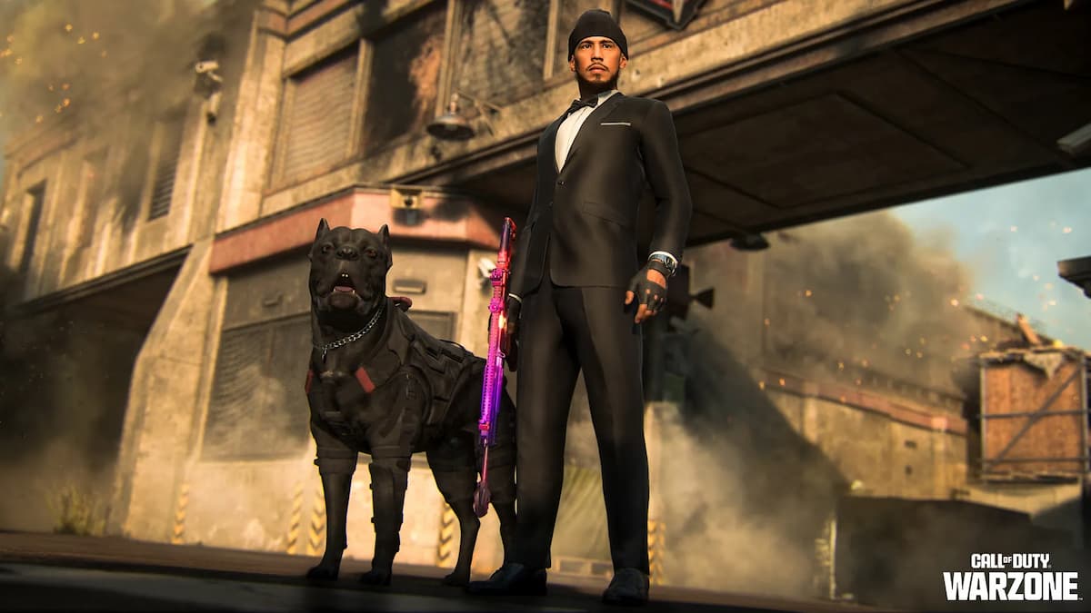 Devin Booker's skin in MW3, posing next to his dog.