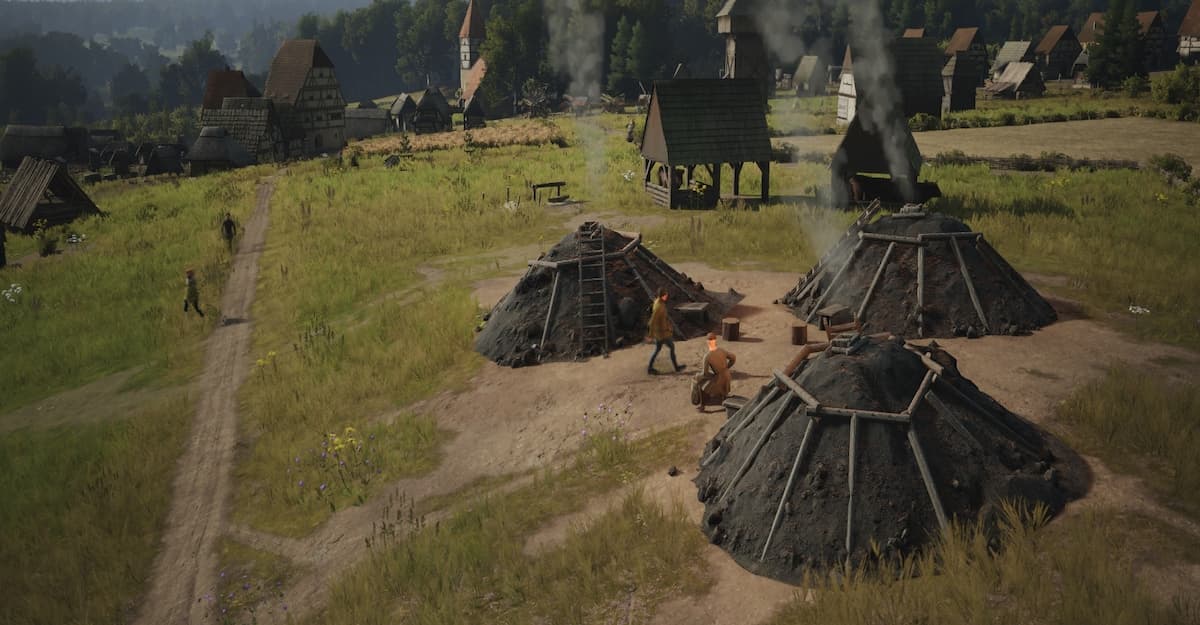 Family making Charcoal in Manor Lords from Wood