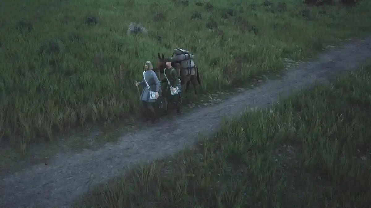Family transporting goods with Mules in Manor Lords