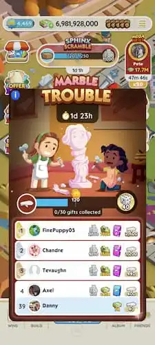 Marble Trouble tournament leaderboard in Monopoly GO