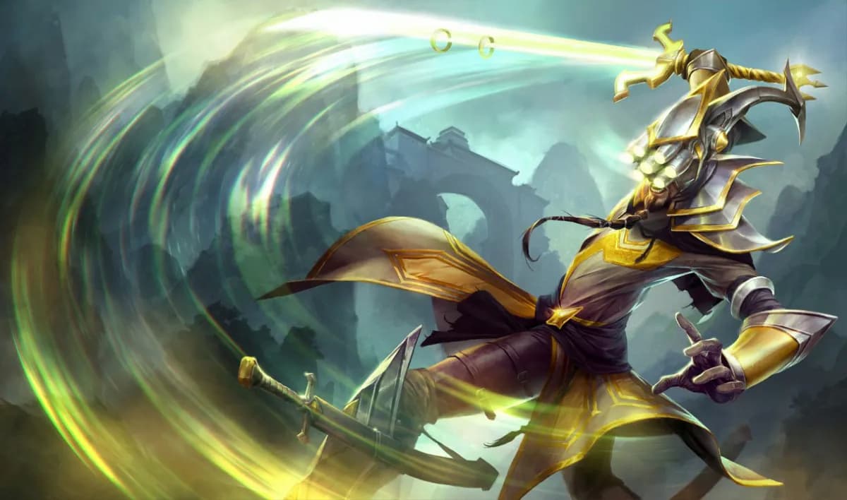 Master Yi's yellow default splash art in League of Legends.