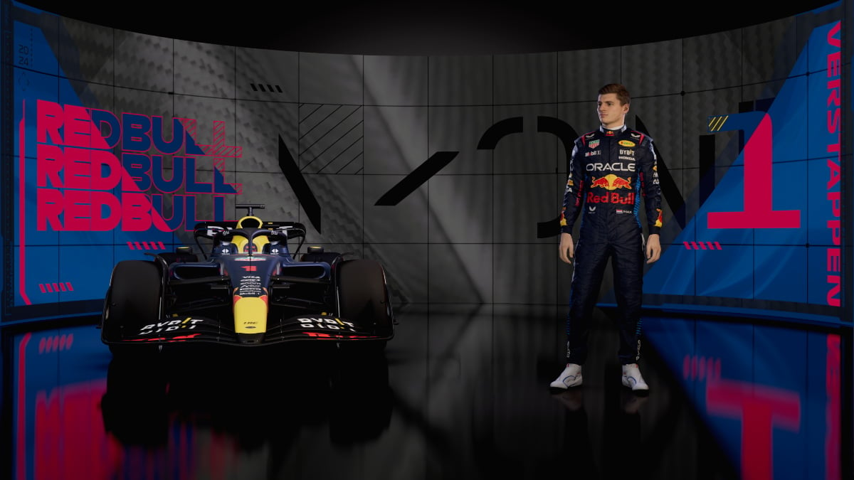 Max Verstappen alongside a Red Bull car in F1 2024.