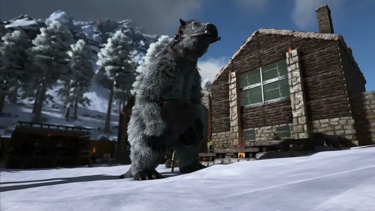 A Megatherium next to a house in Ark: Survival Ascended.