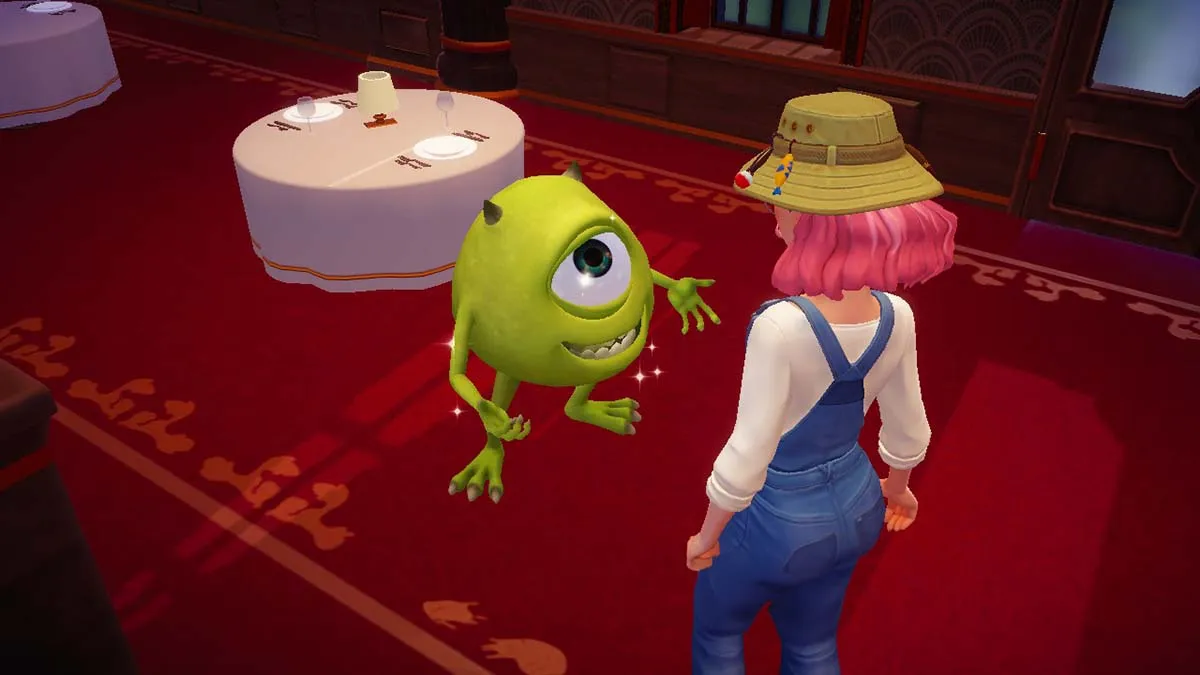 A character in Disney Dreamlight Valley stands in a restaurant talking to Mike Wazowski.