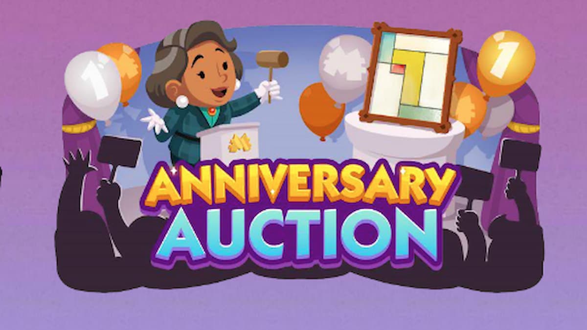 Monopoly GO Anniversary Auctionbanner with Ms Monopoly selling items