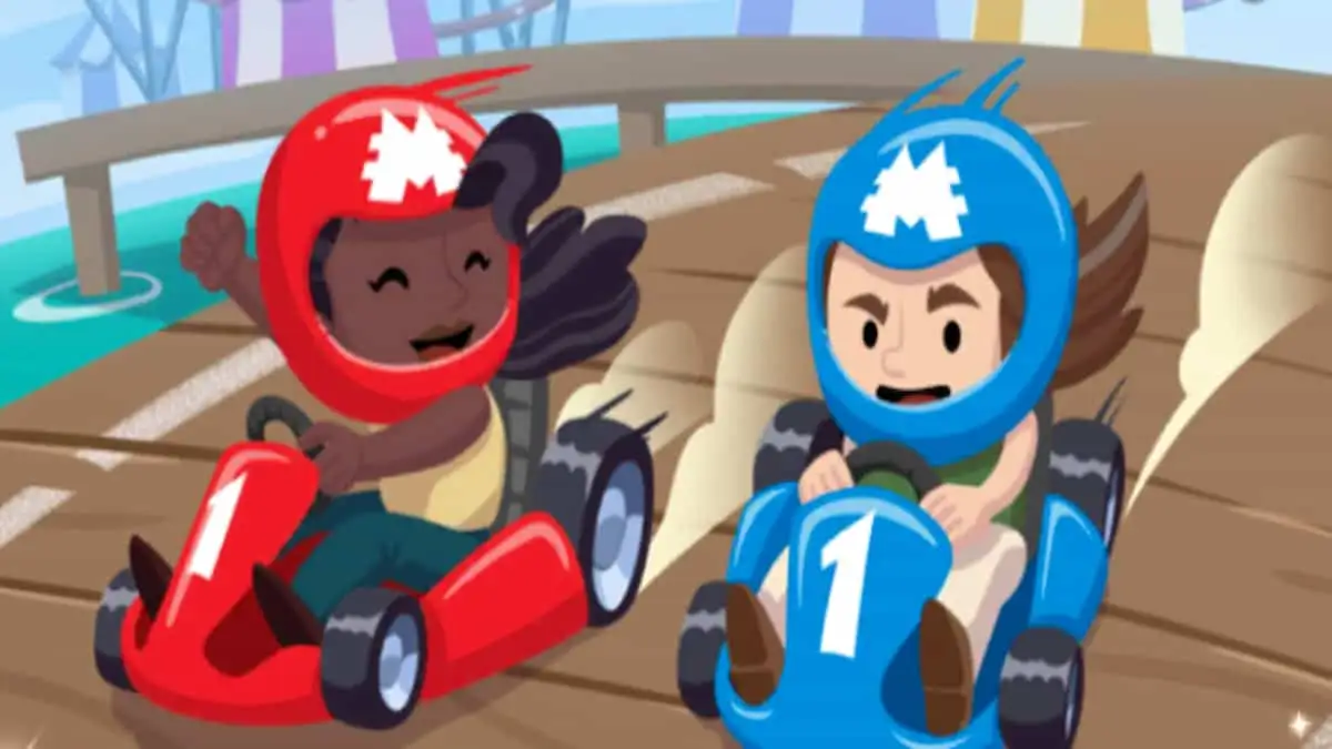 Monopoly characters in race cars on boardwalk in Monopoly GO