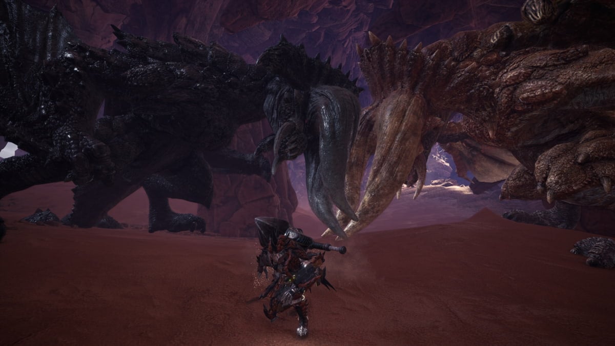 Two monsters in Monster Hunter: World battling behind a player.